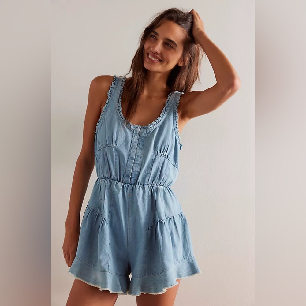 We The Free Light Blue Denim Nikita Romper
